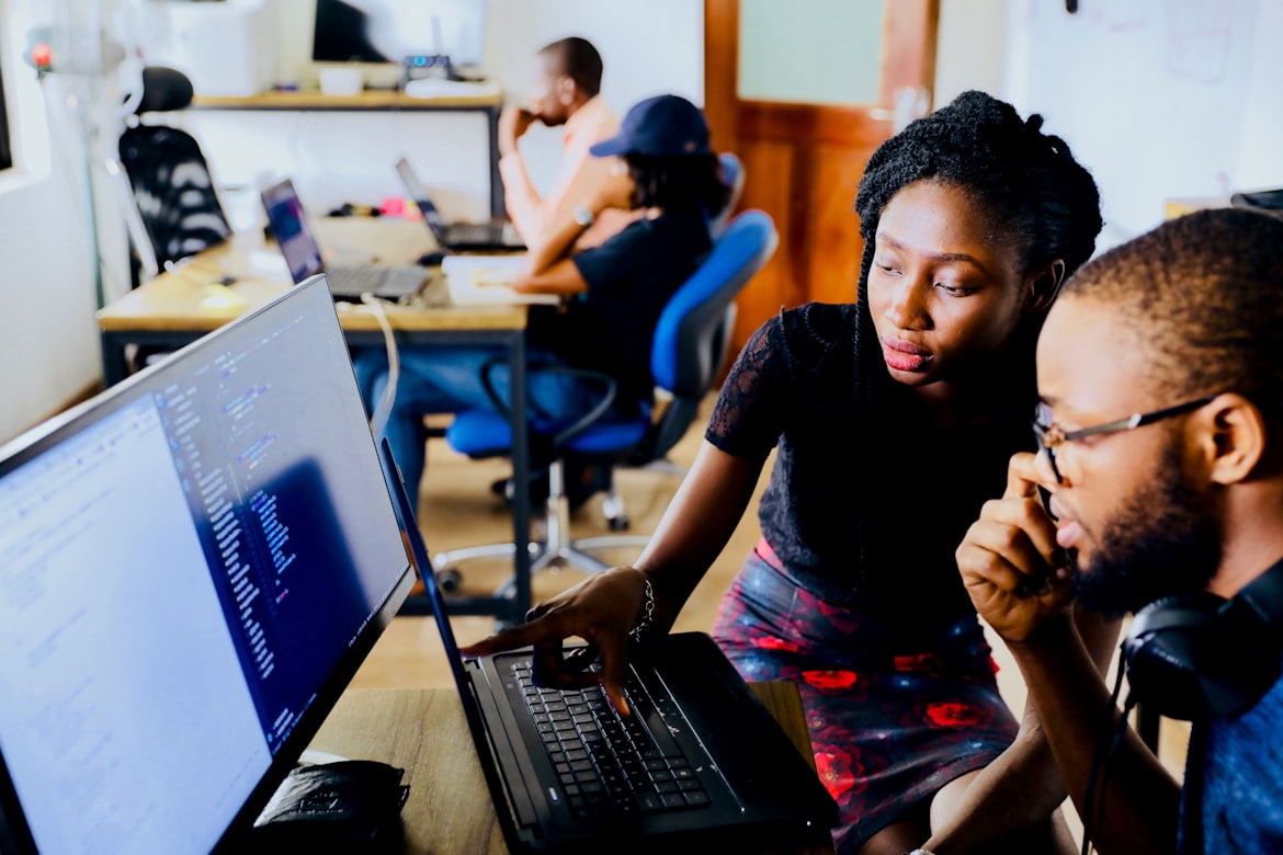 Students working on code